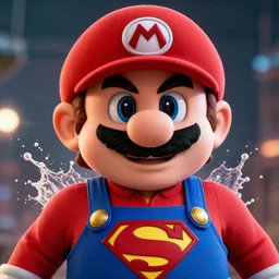 portrait of super mario as superman in gears of war, splash art, movie still, detailed face, photorealistic facial features, cinematic lighting, dramatic, octane render, long lens, shallow depth of field, bokeh, anamorphic lens flare, 8 k, hyper detailed, 3 5 mm film grain