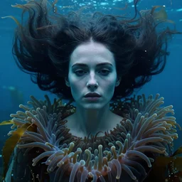 close up, moody cinematic photograph of a woman wearing a sea anemone dress, floating under the blue ocean, with detailed beautiful, symmetrical face, huge flowing hair by tim walker and edward hopper, in the ocean, lots of detail, fine facial features, pretty, sea kelp forrest