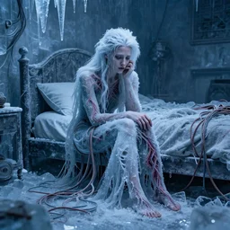 rgb, a frozen woman, bedroom full of ice, sadness, cinematic, movie scene, inspired by zdzislaw beksinski, clothes made out of veins,, cables everywhere, bedroom, ultra realistic, concept art, intricate details, highly detailed, photorealistic, octane render, 8 k