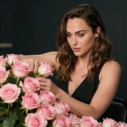 fine art photo of the beauty gal gadot, she is merging from pink roses, taken by oleg oprisco