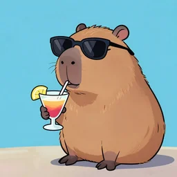 cool capibara wearing sunglasses drinking cocktail, artwork, cartoon, Disney