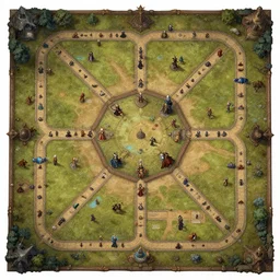 a ultra detailed award - winning game board with a long winding path, a big hexagon in middle, realistic painting, intrincated, very detailed, fantasy, dnd, character design, trending on artstation, top view