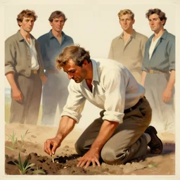 farmer kneeling down putting a seed in the soil, limited neutral palette, by petros afshar, anton fadeev, dean ellis, randolph stanley hewton, beautiful graphic full body portrait, propaganda poster art 1 9 5 0 s illustrated advertising art, painterly character design