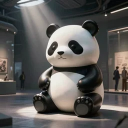 photography of a cute but classy panda sculpture, in a cyberpunk art gallery, cinematic lighting, volumetric lighting, by richard orlinski