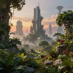 futuristic dystopias megapolis, lush plants and trees, fog light dusk, by ivan aivazovsky and jean giraud, coherent, hyper realism, high detail, vivid colors, octane render, unreal engine, 8 k, smooth gradients, high contrast, depth of field by jacek yerka