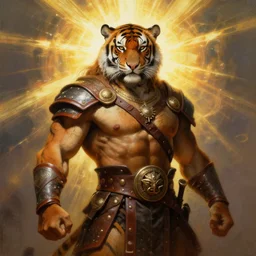 A painting of a muscular anthropomorphic tiger warrior with long hair, wearing leather barbarian armor, god rays, high quality, in the style of Frank Frazetta, 4k, 8k