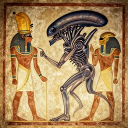 ancient egyptian art of [ xenomorph by giger ] from alien movie, as egyptian mural