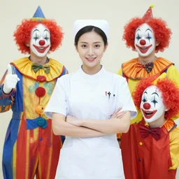 nurse surrounded by clowns