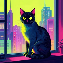 cybercat sitting in window | cyberpunk cityscape, illustrated by james warhola and greg rutkowski