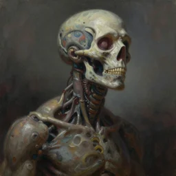 could there be a realization of such magnitude that it quite literally blows one's mind?, center shock depicts such a moment of post - contemplative epiphany, volumetric lighting and shadows, concept art, biomechanical, realistic oil painting by alex grey