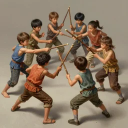 a bunch of kids friendly fighting among thenselves with sticks. intricate, elegant, highly detailed, digital painting, artstation, concept art, sharp focus, illustration, by justin gerard and artgerm, 8 k