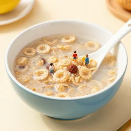 “tiny people swimming in a cereal bowl, food photography”