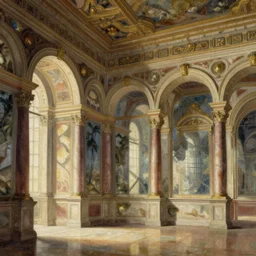 a drawing of a building with columns and arches, a flemish baroque by giovanni battista piranesi, baroque, flemish baroque, fresco, hall of mirrors