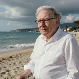 detailed cinematic shot of warren buffet with white clothes in the mediterranean beach, spring light, painting by gaston bussiere, craig mullins, j. c. leyendecker