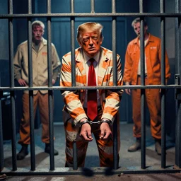 zombie trump in prison, striped outfit, handcuffed, mads berg, karolis strautniekas, stippled light, dramatic lighting, fine texutre, editorial illustration, matte print, prison cell bars, film noir, dark blue + dark orange + orange + beige + black + white, dynamic composition, moody