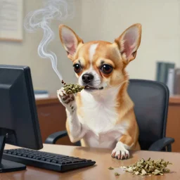 a painting of a chihuahua smoking weed in an office