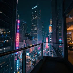 Balcony view of a Cyberpunk city at night, architecture, detailed, neon lights and signs