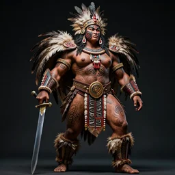 editorial full body photo portrait of enormous Maori warrior princess with a sword, warrior body, feathers and paint, photo by mario testino, cinematic, hyper detailed, micro details, insanely detailed, trending on artstation,dark background, dramatic lighting, cinematic angle, concept art, insanely detailed and intricate