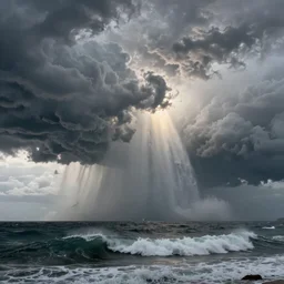 stunning and very detailed seascape with a huge storm ,cinematic shot, atmospheric, highly detailed, heavenly dramatic lighting, very realistic, cinematic lighting, volumetric lighting, photographic