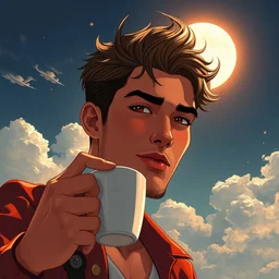 portrait of a ( ( ( una taza de cafe grande y roja ) ) ), ( ( futuro hermoso joven caliente caribeno macho alegre ) ), lleno de nubes y magia, el sol, concept character, by greg rutowski and tezuka and oi and mucha and bierstadt and remington, trending on artstation