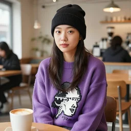 young adult korean woman in a coffee shop wearing a beanie and a purple sweater designed by zaha hadid, natural light, magazine photo, 5 0 mm