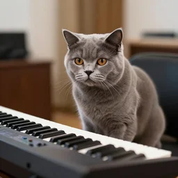 a brittish shorthair cat music producer with a keyboard. animal photography
