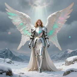 full armor angel, big wings, hudson river school, full plate armor with cloth, f 1 6, bokeh, gentle, female, snowy mountain, storm clouds, god rays, landscape, d & d, fantasy, elegant, teal pink white gold color palette, concept art, artgerm and greg rutkowski and alphonse mucha