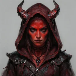 masterpiece portrait of a clothed hooded surly and resentful female tiefling thief with red skin black sclera and horns under the hood, by Greg Rutkowski, as seen on ArtStation, 4k, dungeons and dragons, very aesthetic, very detailed, intricate, unreal, fantasy, dramatic, painterly, artstation, sharp focus, smooth