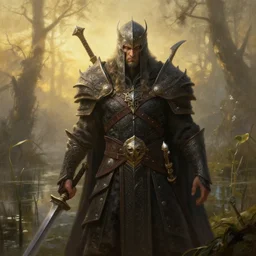 the elder scrolls vi imposing menacing battlemage portrait, painted, outdoors, swampy area, atmospheric lighting, painted, intricate, volumetric lighting, beautiful, golden hour, sharp focus, fog, ultra detailed, by mark kent, jordan lamarre - wan, igor kieryluk, maxim verehin, miranda meeks