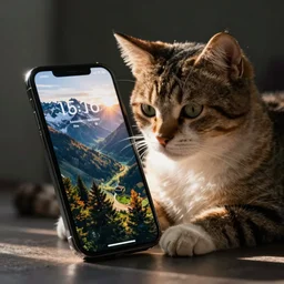 A cute cat is using the iPhone