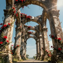 broken arches leading to the pillars of eternity draped with red flowers and vines, blue sky, lens flare, a sense of mystery, cinematic, ultra detailed, artstation, 8K, vintage comic,-W 768