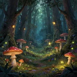 enchanted forest full of magical mashrooms, fireflies, magical land, by greg rutkowski, trending on artstation