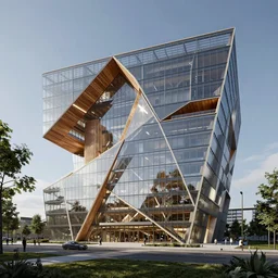 an extremely detailed architectural photography of nature meets architecture concept town hall, glass facade, using wood and steel, architecture by Vincent Callebaut, stunning volumetric light, stunning sk