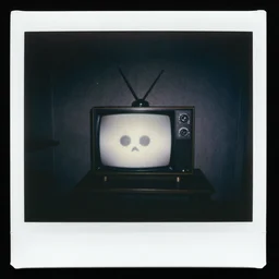 creepy Polaroid photo of a cursed TV playing Candle Cove, 90s, black and white, dark room