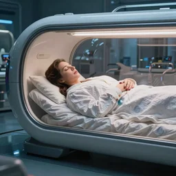 a woman sleeping in a hibernation pod by norman rockwell, side view, high tech, dramatic lighting, unreal engine 5, octane rendering, ray tracing