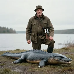 an old photo of a hunter posing with a hunted Loch Ness monster