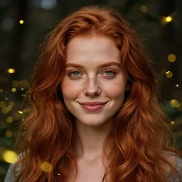 a modern looking young woman, among the lights of golden fireflies and nature, long loose red hair, intricate details, green eyes, small nose with freckles, beatiful smiling face, golden ratio, high contrast, hyper realistic digital art by artemisia lomi gentileschi and caravaggio and artgerm.