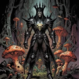 artgerm, joshua middleton, mucha, beksinski, moebius, heavy metal comic cover art, psychedelic triangular skeletal calcification fungus lich in darkiron spike armor, full body, hollow eyes, symmetrical face, long black crown, in a dungeon background, moody dark colors