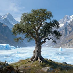 large fantasy crooked gray tree on a small hill in the middle of a huge cold valley of ice with large mountains in the background, wallpaper by craig mullins, digital 4K painting, hyperrealistic, hyper real, vivid, cinematic