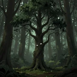 a creepy looking tree with eyes in the middle of a forest, concept art by Filip Hodas, cgsociety contest winner, pop surrealism, lovecraftian, made of vines, 2d game art
