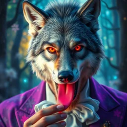 by wesley burt and basil gogos, visually stunning, cinematic, ultra realistic, hyper realism, 1 2 k, epic, octane render, unreal engine, vfx, maya, a colorful vibrant closeup portrait of a magician licking a tab of lsd acid on his tongue and dreaming psychedelic hallucinations : a cartoonish anthropomorphic grey wolf is lurking in a mystical forest full of wonders