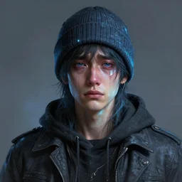 portrait of a crying ai artist, detailed clothing, beanie, concept art, artstation, detailed luminescent digital painting by alan lee and artgerm, exquisite masterpiece