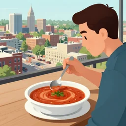 the graf of goulashville overlooks his city while eating a bowl of goulash