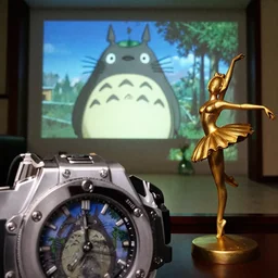 fuji 5 0 r, 3 5 mm, hyperrealism ; closeup hublot in ran film still of courtyard interior with window view ; in the background projection of beautiful totoro in matrix film still of seinen manga gold funko pop ballerina statue ; style of 1 9 9 0 frontier in extreme closeup porcelain photography magazine architectural studio edition, highly detailed, cinematic lighting, 8 k