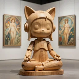 8k octane rendre photorealistic detailed ,a wooden sculpture art toys on feet very cute robot goddess mythique with cat ears ,zen méditation cyberpunk , a contemporary art gallery art  3d , cyberpunk ,cgsociety ,by Alphonse Mucha