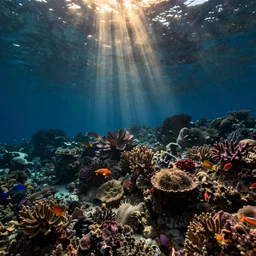 the seabed, with corals and fish