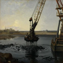 close up crane dirty with oil, suffering after an oil spill, petroleum, dark, polluted water with desolate landscape. painting by jan van eyck, audubon, thomas cole, caspar david firedrich, beksinski, walton ford