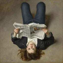 girl eat upside down, streetwear, reads newspaper, oil painting by j. c. leyendecker