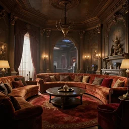 photographic view inside a richly furnished apartment in the star wars plane coruscant, beautiful matte painting, unreal engine 5, 8 k, trending on artstation, greg rutkowski, dramatic lighting