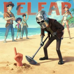 metalhead man with a metal detector finding a hand sticking out of the sand of a beach with the signs of the horns hand gesture, pixar style, shaded lighting poster by magali villeneuve, artgerm, jeremy lipkin and michael garmash, rob rey and kentaro miura style, trending on art station